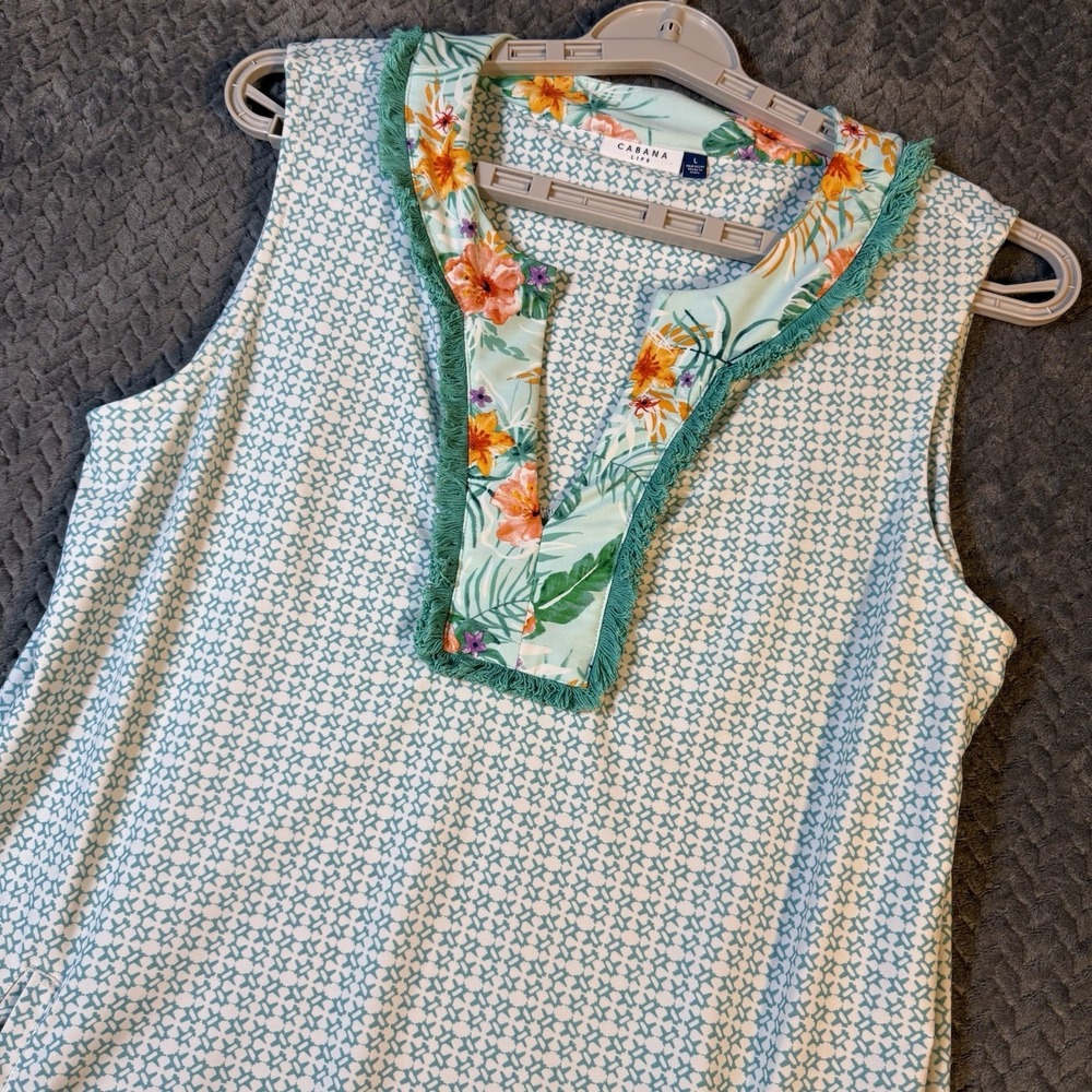 Cabana Life Women Sleeveless Tunic Dress Large Aqua Floral Beach Resort Pockets - Picture 4 of 9